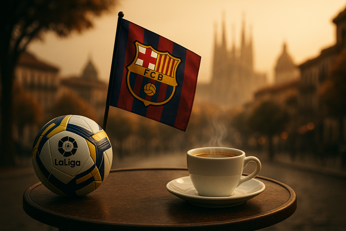 Alt_text: Barcelona merayakan kemenangan La Liga 2025/2026 di Aroma café penuh semangat.