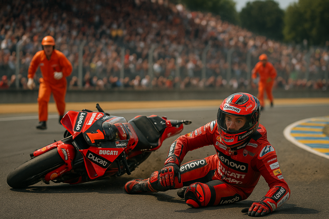 alt_text: Pecco Bagnaia terjatuh di MotoGP Prancis 2026, mencerminkan momen nestapa di balapan.